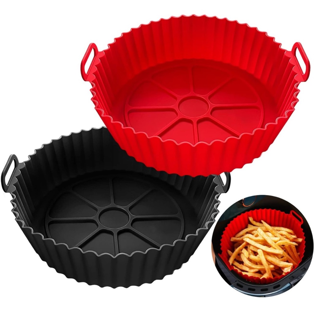 *NIP* 2 PCS Air Fryer Silicone Liners, 8” Reusable Basket/Pot 3-5 QT Red+Black